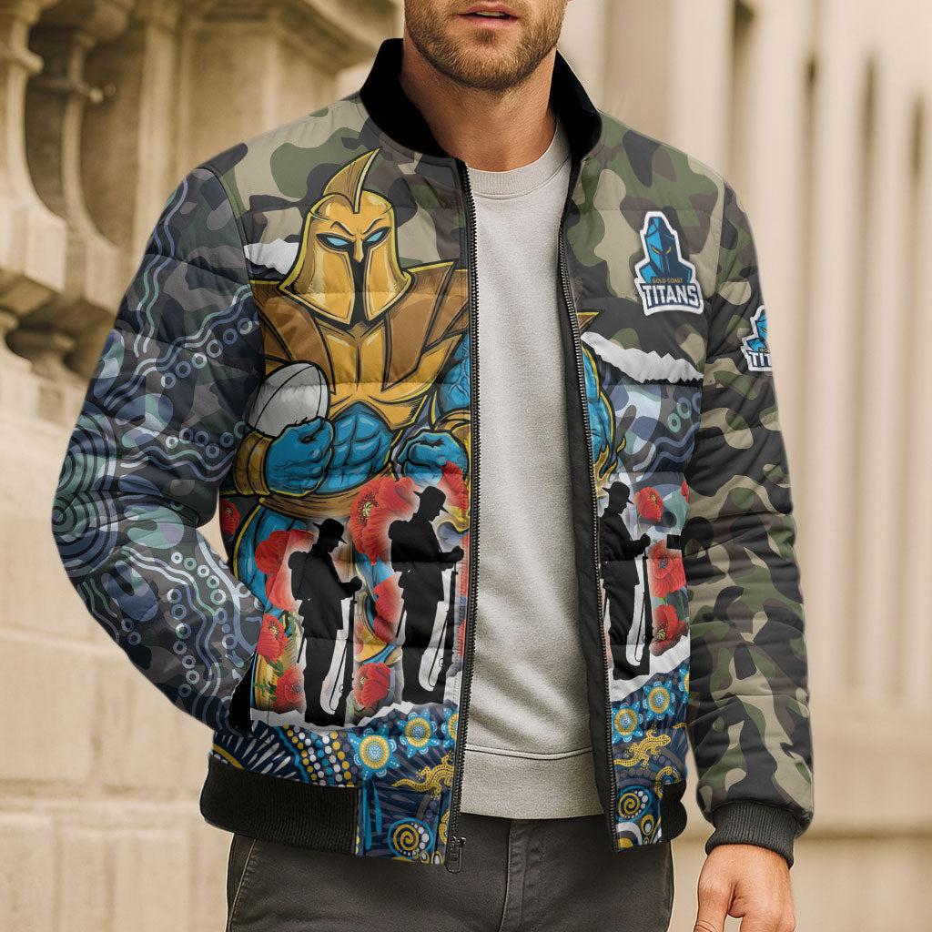 Personalized Gold Coast Titans ANZAC Bomber Puffer Jacket Indigenous Camouflage Poppy Memorial Soldier Spartan