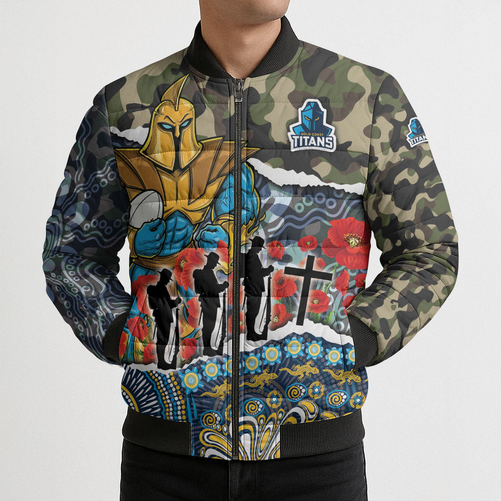 Personalized Gold Coast Titans ANZAC Bomber Puffer Jacket Indigenous Camouflage Poppy Memorial Soldier Spartan
