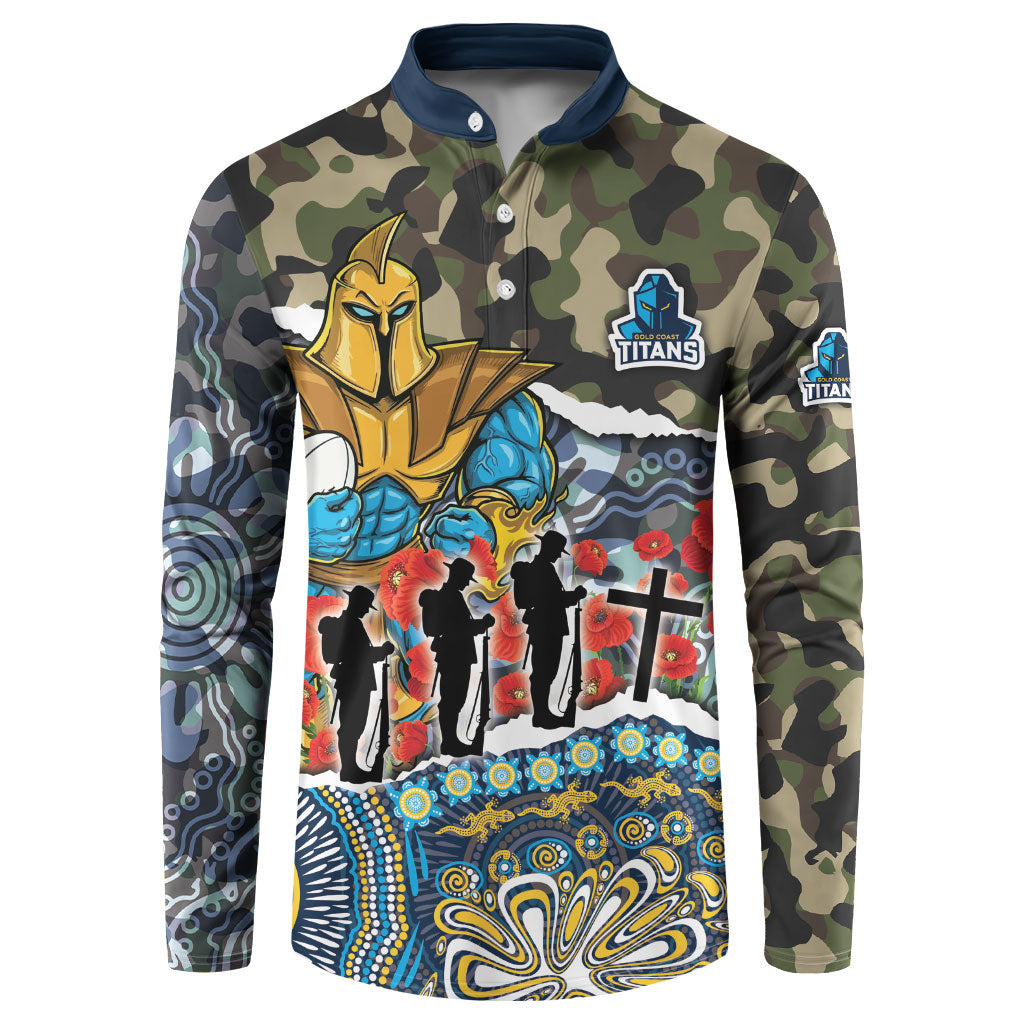 Personalized Gold Coast Titans ANZAC Button Sweatshirt Indigenous Camouflage Poppy Memorial Soldier Spartan