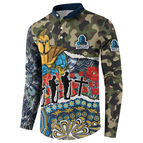 Personalized Gold Coast Titans ANZAC Button Sweatshirt Indigenous Camouflage Poppy Memorial Soldier Spartan