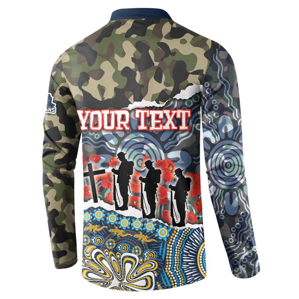 Personalized Gold Coast Titans ANZAC Button Sweatshirt Indigenous Camouflage Poppy Memorial Soldier Spartan