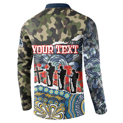 Personalized Gold Coast Titans ANZAC Button Sweatshirt Indigenous Camouflage Poppy Memorial Soldier Spartan
