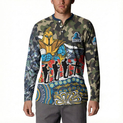 Personalized Gold Coast Titans ANZAC Button Sweatshirt Indigenous Camouflage Poppy Memorial Soldier Spartan
