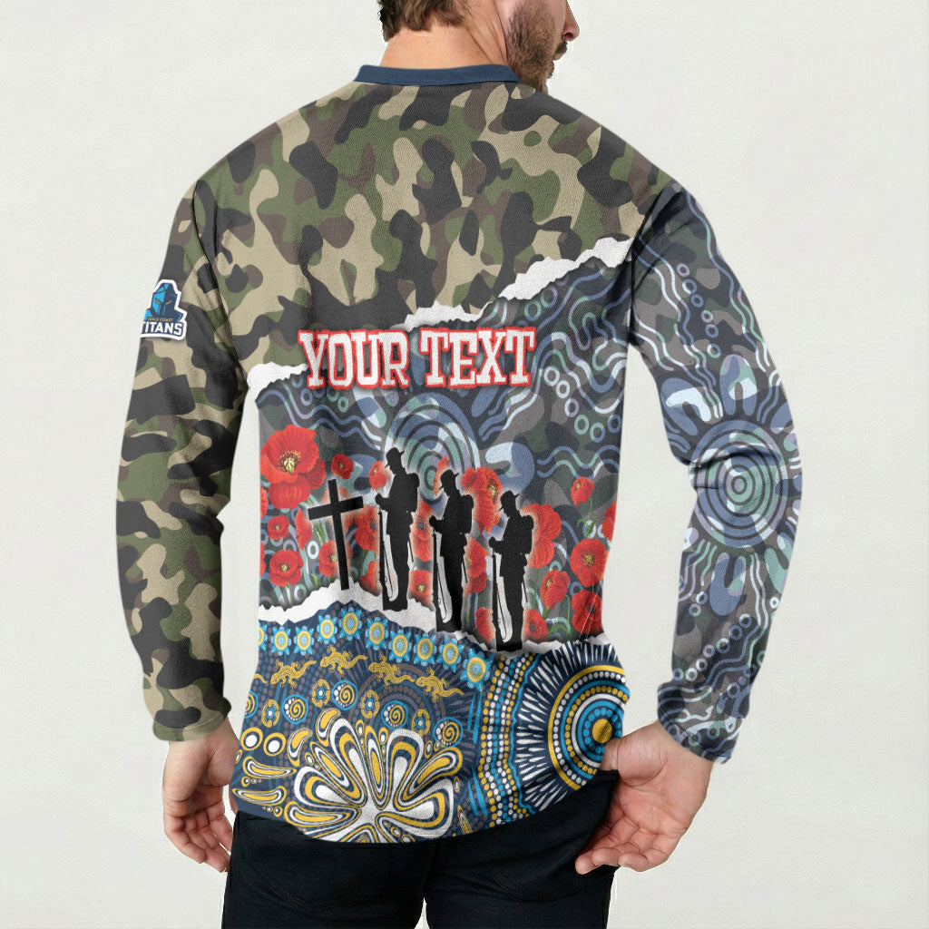Personalized Gold Coast Titans ANZAC Button Sweatshirt Indigenous Camouflage Poppy Memorial Soldier Spartan