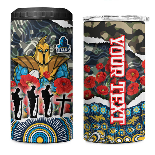 Personalized Gold Coast Titans ANZAC 4 in 1 Can Cooler Tumbler Indigenous Camouflage Poppy Memorial Soldier Spartan
