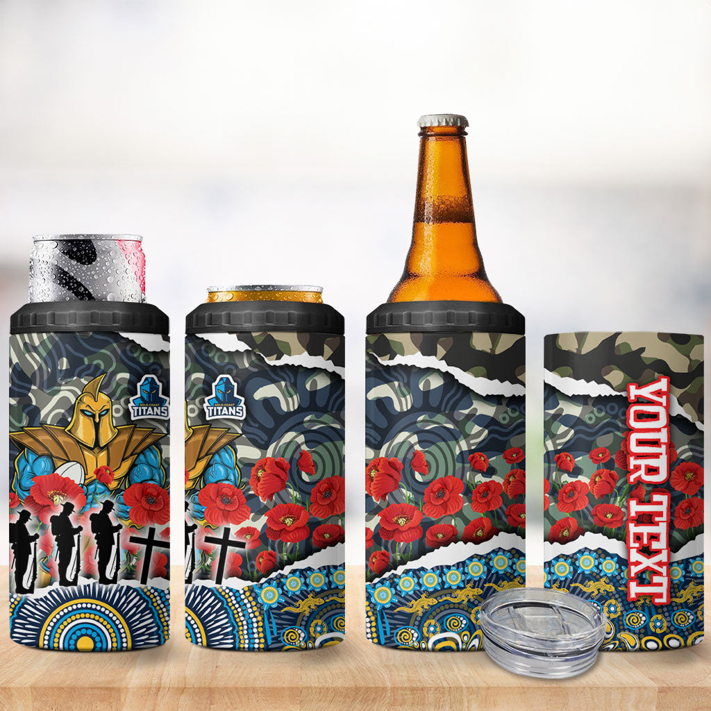 Personalized Gold Coast Titans ANZAC 4 in 1 Can Cooler Tumbler Indigenous Camouflage Poppy Memorial Soldier Spartan