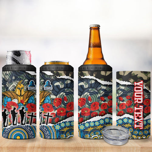Personalized Gold Coast Titans ANZAC 4 in 1 Can Cooler Tumbler Indigenous Camouflage Poppy Memorial Soldier Spartan
