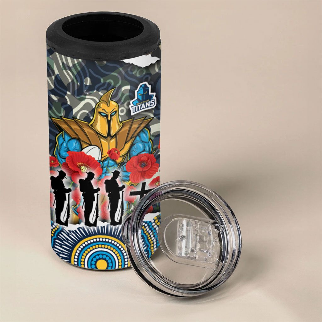 Personalized Gold Coast Titans ANZAC 4 in 1 Can Cooler Tumbler Indigenous Camouflage Poppy Memorial Soldier Spartan