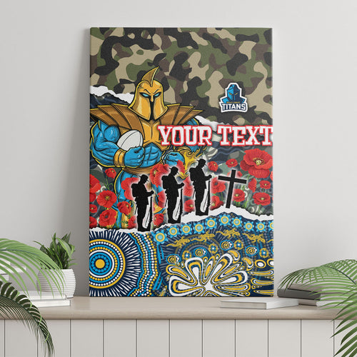 Personalized Gold Coast Titans ANZAC Canvas Wall Art Indigenous Camouflage Poppy Memorial Soldier Spartan