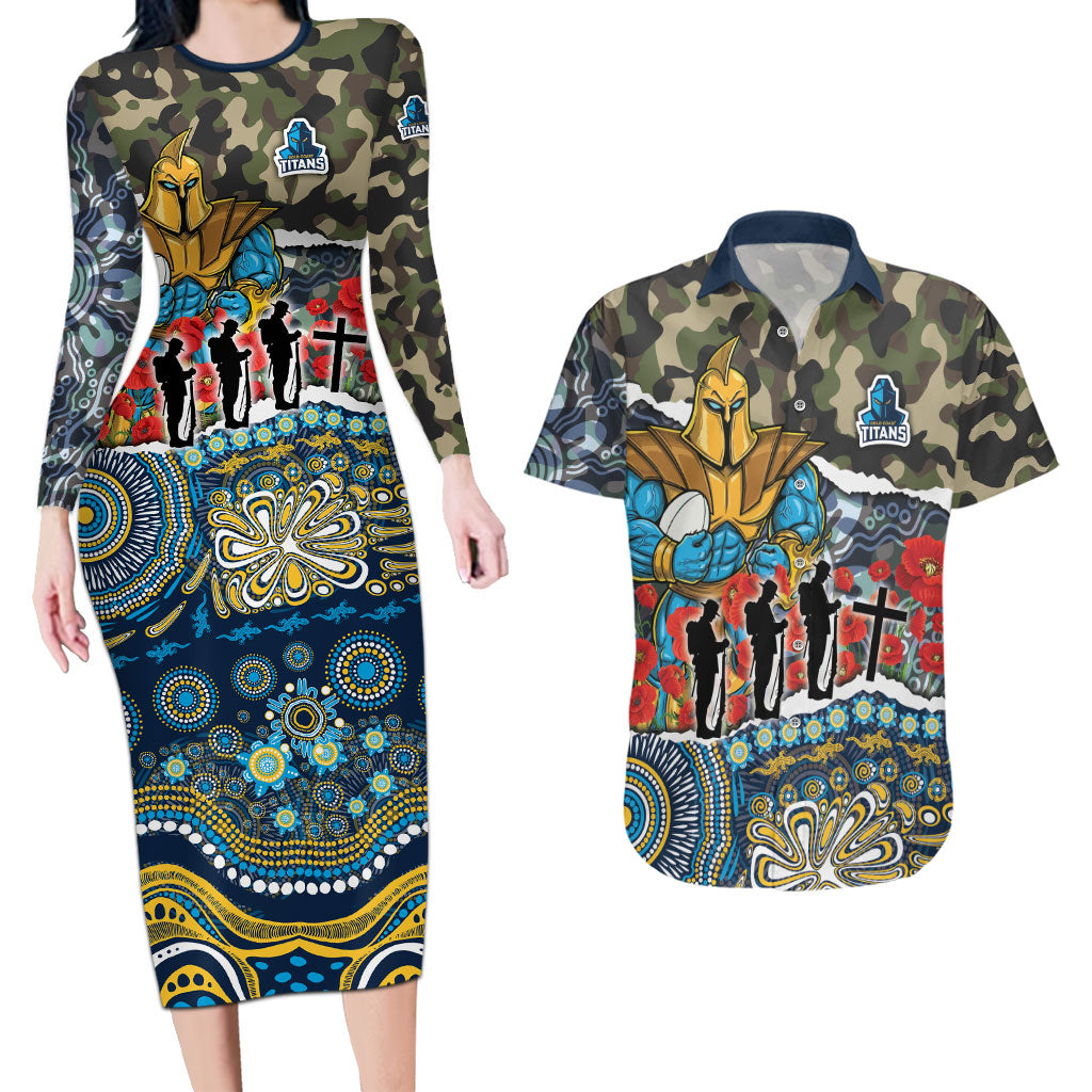Personalized Gold Coast Titans ANZAC Couples Matching Long Sleeve Bodycon Dress and Hawaiian Shirt Indigenous Camouflage Poppy Memorial Soldier Spartan