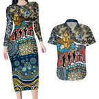Personalized Gold Coast Titans ANZAC Couples Matching Long Sleeve Bodycon Dress and Hawaiian Shirt Indigenous Camouflage Poppy Memorial Soldier Spartan