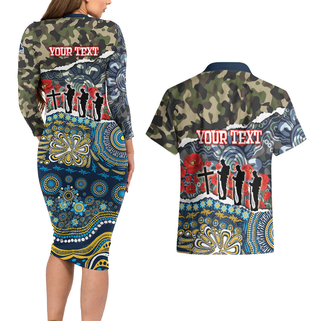 Personalized Gold Coast Titans ANZAC Couples Matching Long Sleeve Bodycon Dress and Hawaiian Shirt Indigenous Camouflage Poppy Memorial Soldier Spartan
