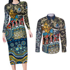 Personalized Gold Coast Titans ANZAC Couples Matching Long Sleeve Bodycon Dress and Long Sleeve Button Shirt Indigenous Camouflage Poppy Memorial Soldier Spartan