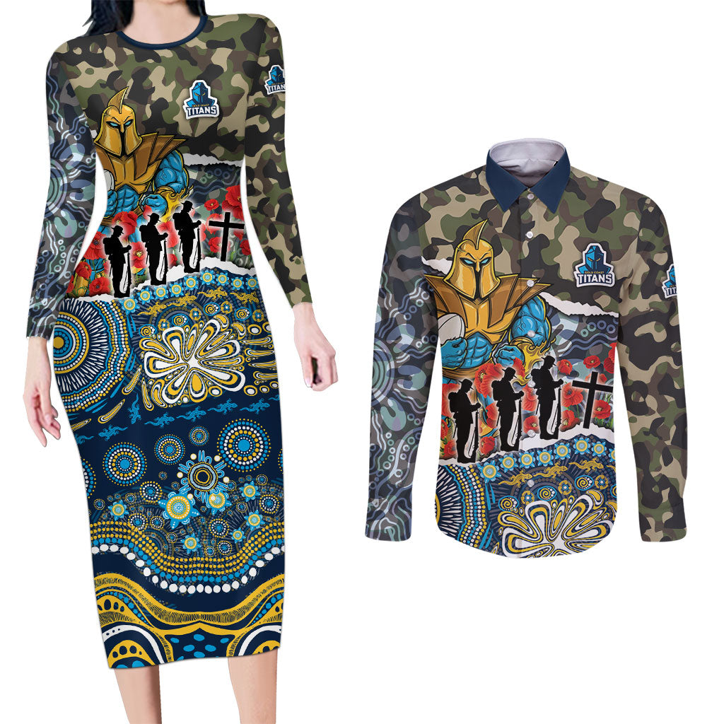 Personalized Gold Coast Titans ANZAC Couples Matching Long Sleeve Bodycon Dress and Long Sleeve Button Shirt Indigenous Camouflage Poppy Memorial Soldier Spartan