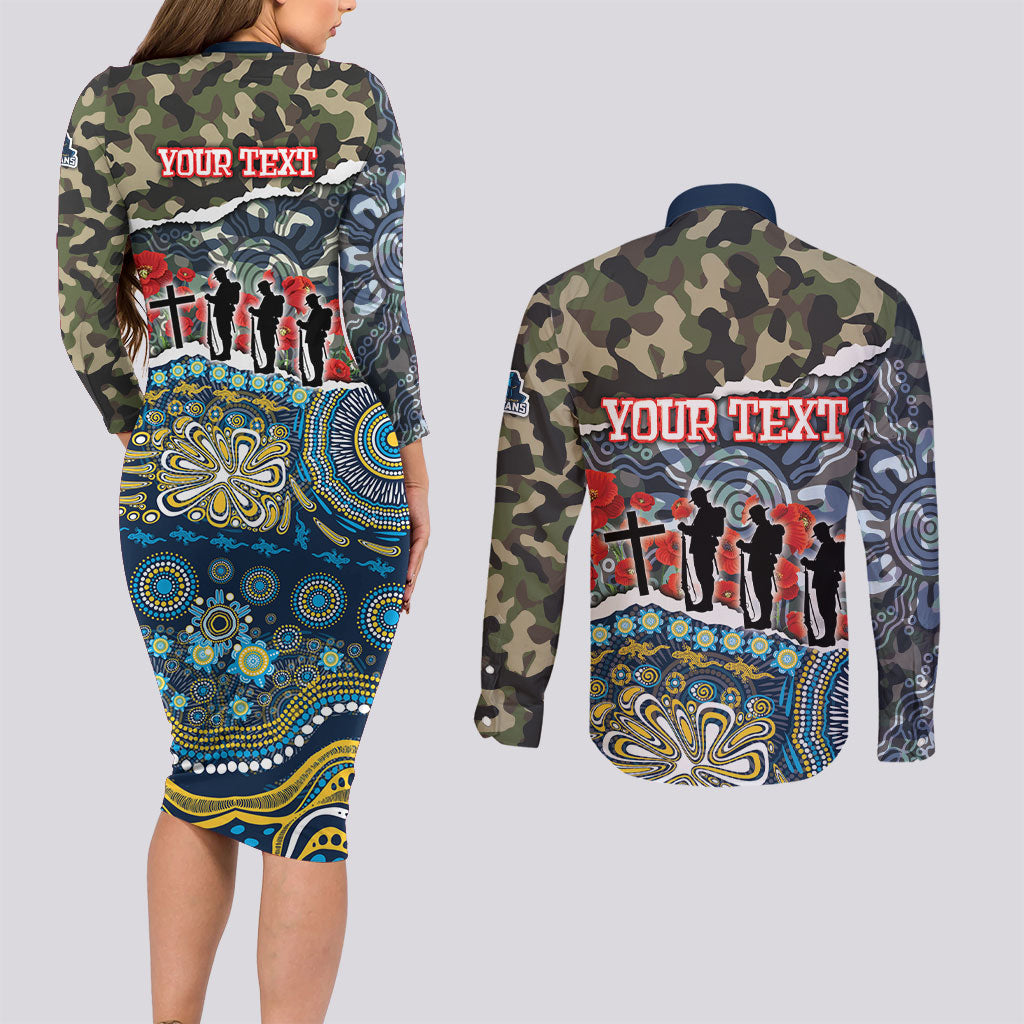 Personalized Gold Coast Titans ANZAC Couples Matching Long Sleeve Bodycon Dress and Long Sleeve Button Shirt Indigenous Camouflage Poppy Memorial Soldier Spartan