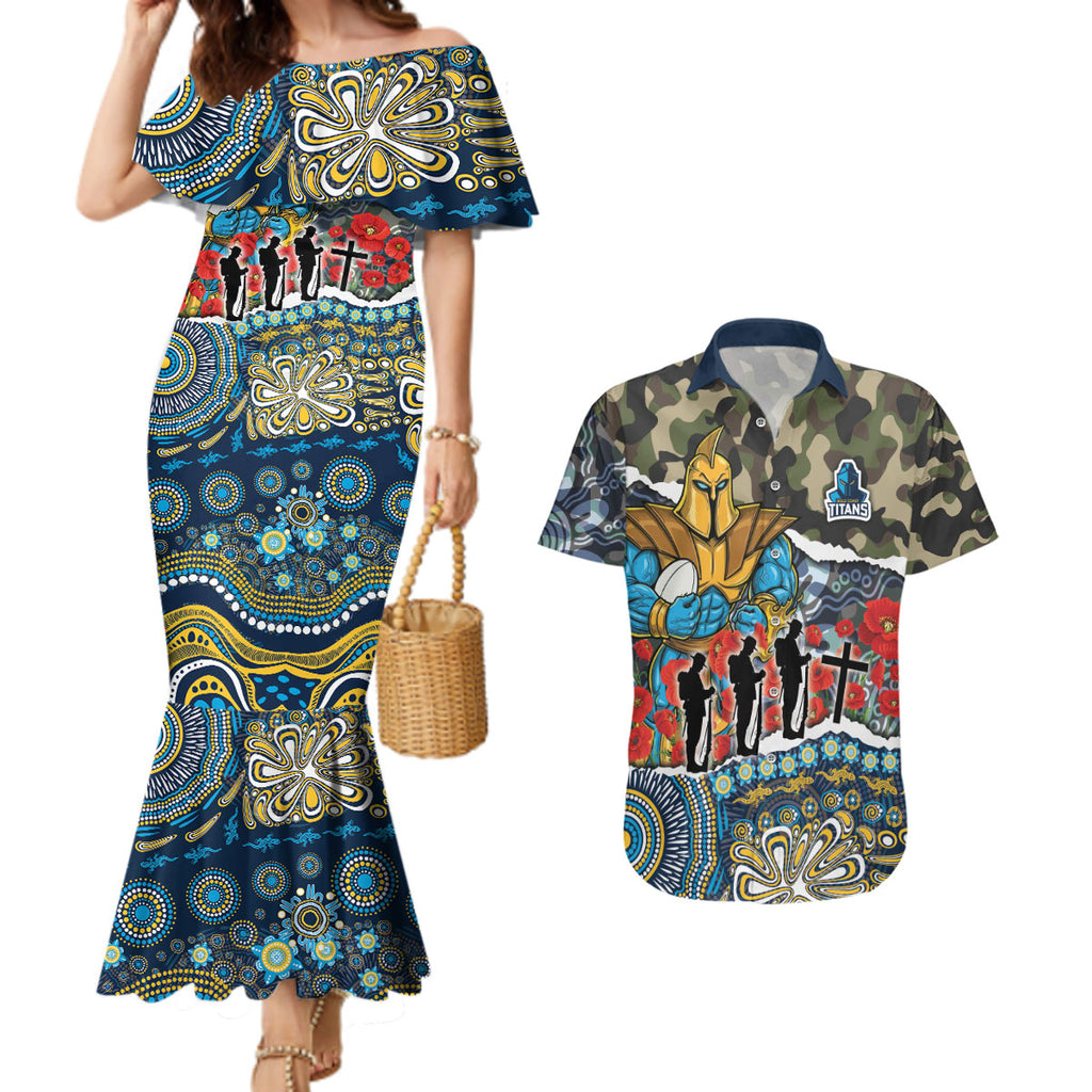 Personalized Gold Coast Titans ANZAC Couples Matching Mermaid Dress and Hawaiian Shirt Indigenous Camouflage Poppy Memorial Soldier Spartan
