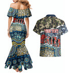 Personalized Gold Coast Titans ANZAC Couples Matching Mermaid Dress and Hawaiian Shirt Indigenous Camouflage Poppy Memorial Soldier Spartan