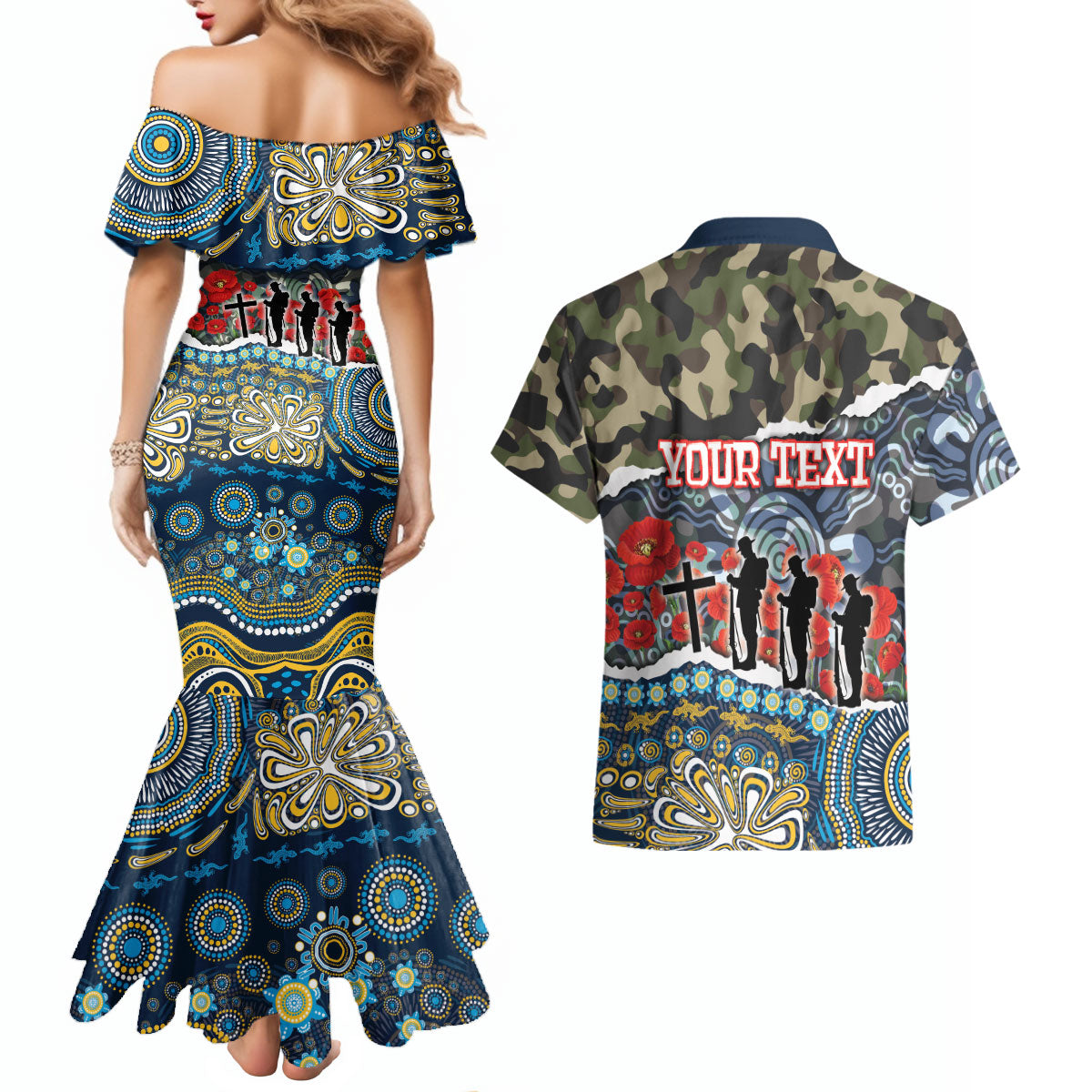 Personalized Gold Coast Titans ANZAC Couples Matching Mermaid Dress and Hawaiian Shirt Indigenous Camouflage Poppy Memorial Soldier Spartan