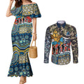 Personalized Gold Coast Titans ANZAC Couples Matching Mermaid Dress and Long Sleeve Button Shirt Indigenous Camouflage Poppy Memorial Soldier Spartan