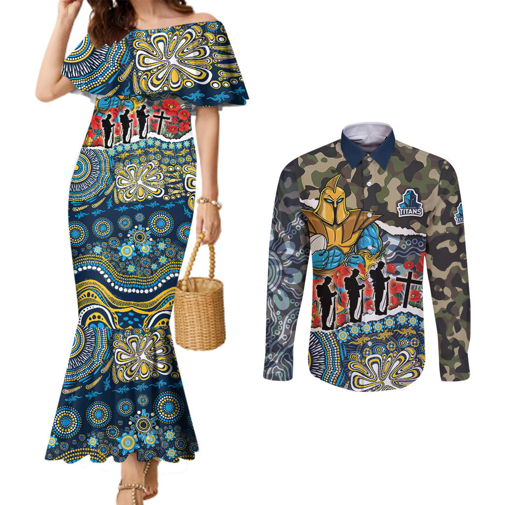 Personalized Gold Coast Titans ANZAC Couples Matching Mermaid Dress and Long Sleeve Button Shirt Indigenous Camouflage Poppy Memorial Soldier Spartan