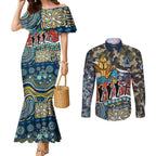 Personalized Gold Coast Titans ANZAC Couples Matching Mermaid Dress and Long Sleeve Button Shirt Indigenous Camouflage Poppy Memorial Soldier Spartan