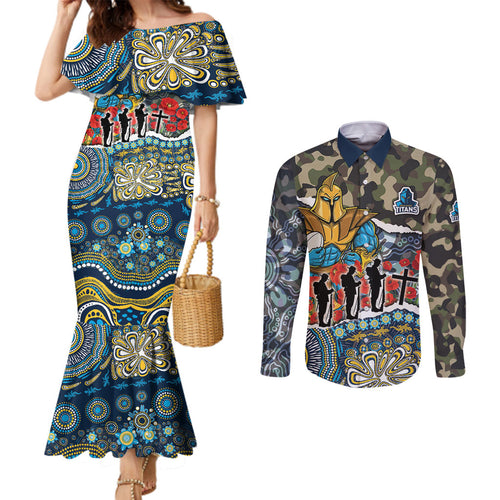 Personalized Gold Coast Titans ANZAC Couples Matching Mermaid Dress and Long Sleeve Button Shirt Indigenous Camouflage Poppy Memorial Soldier Spartan