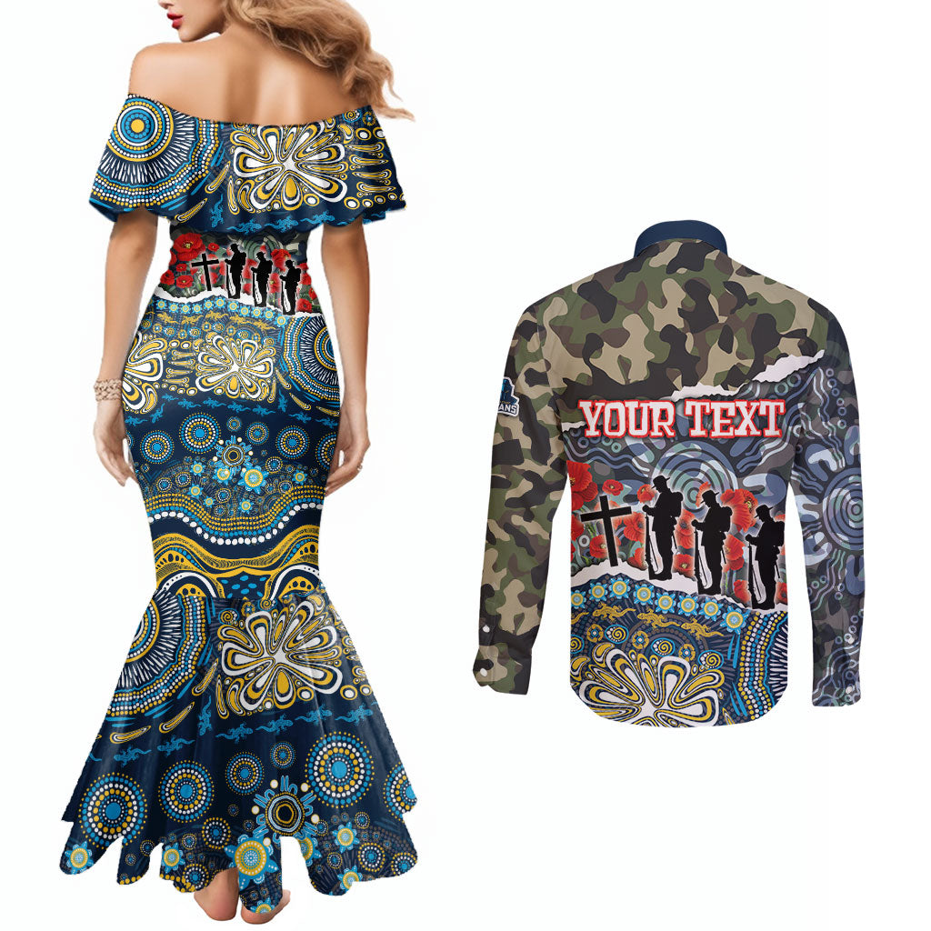 Personalized Gold Coast Titans ANZAC Couples Matching Mermaid Dress and Long Sleeve Button Shirt Indigenous Camouflage Poppy Memorial Soldier Spartan