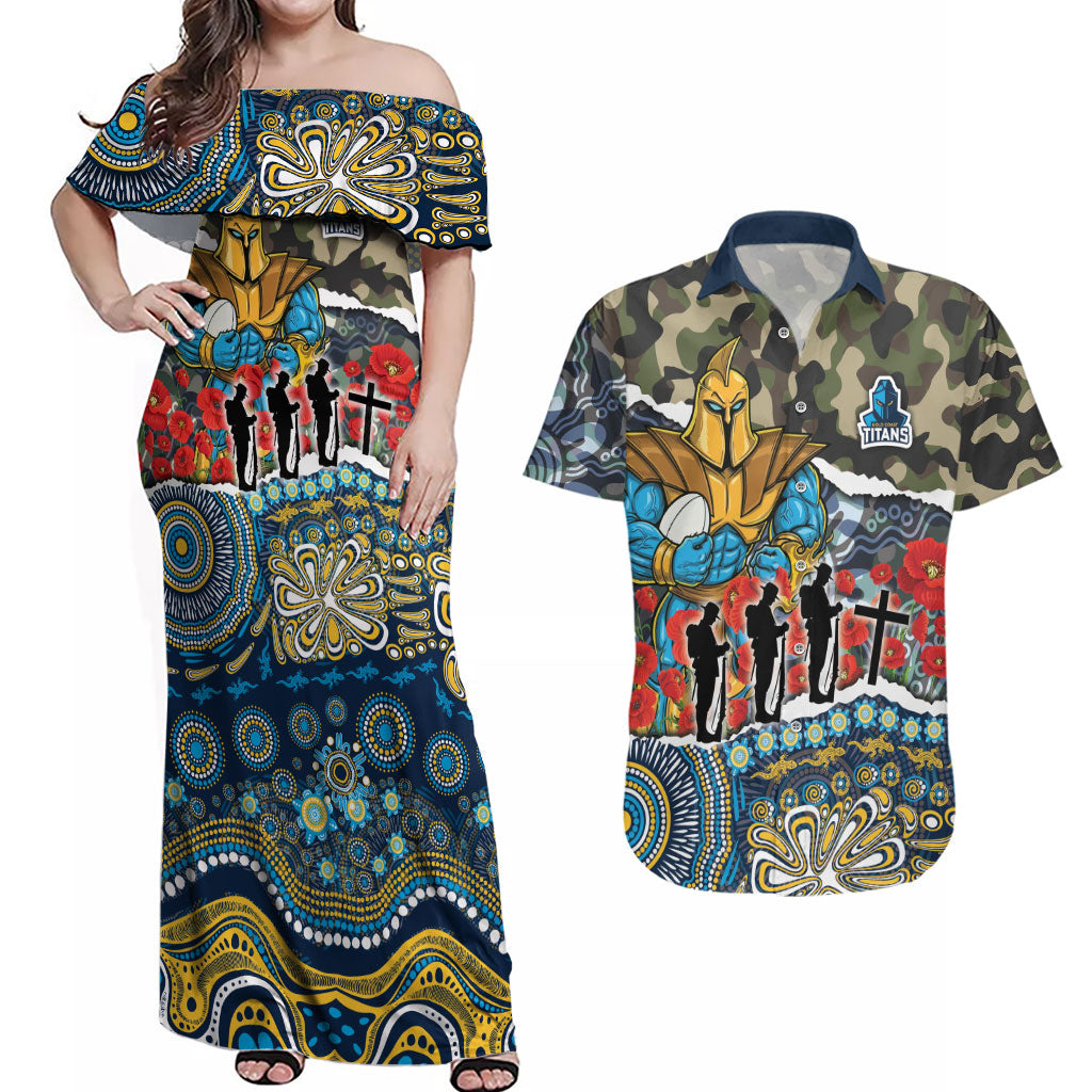 Personalized Gold Coast Titans ANZAC Couples Matching Off Shoulder Maxi Dress and Hawaiian Shirt Indigenous Camouflage Poppy Memorial Soldier Spartan
