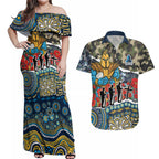Personalized Gold Coast Titans ANZAC Couples Matching Off Shoulder Maxi Dress and Hawaiian Shirt Indigenous Camouflage Poppy Memorial Soldier Spartan