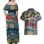 Personalized Gold Coast Titans ANZAC Couples Matching Off Shoulder Maxi Dress and Hawaiian Shirt Indigenous Camouflage Poppy Memorial Soldier Spartan