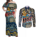 Personalized Gold Coast Titans ANZAC Couples Matching Off Shoulder Maxi Dress and Long Sleeve Button Shirt Indigenous Camouflage Poppy Memorial Soldier Spartan