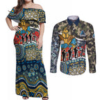 Personalized Gold Coast Titans ANZAC Couples Matching Off Shoulder Maxi Dress and Long Sleeve Button Shirt Indigenous Camouflage Poppy Memorial Soldier Spartan