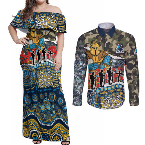 Personalized Gold Coast Titans ANZAC Couples Matching Off Shoulder Maxi Dress and Long Sleeve Button Shirt Indigenous Camouflage Poppy Memorial Soldier Spartan