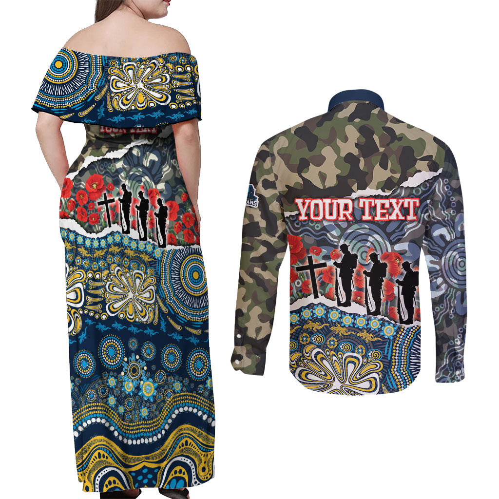 Personalized Gold Coast Titans ANZAC Couples Matching Off Shoulder Maxi Dress and Long Sleeve Button Shirt Indigenous Camouflage Poppy Memorial Soldier Spartan