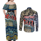 Personalized Gold Coast Titans ANZAC Couples Matching Off Shoulder Maxi Dress and Long Sleeve Button Shirt Indigenous Camouflage Poppy Memorial Soldier Spartan
