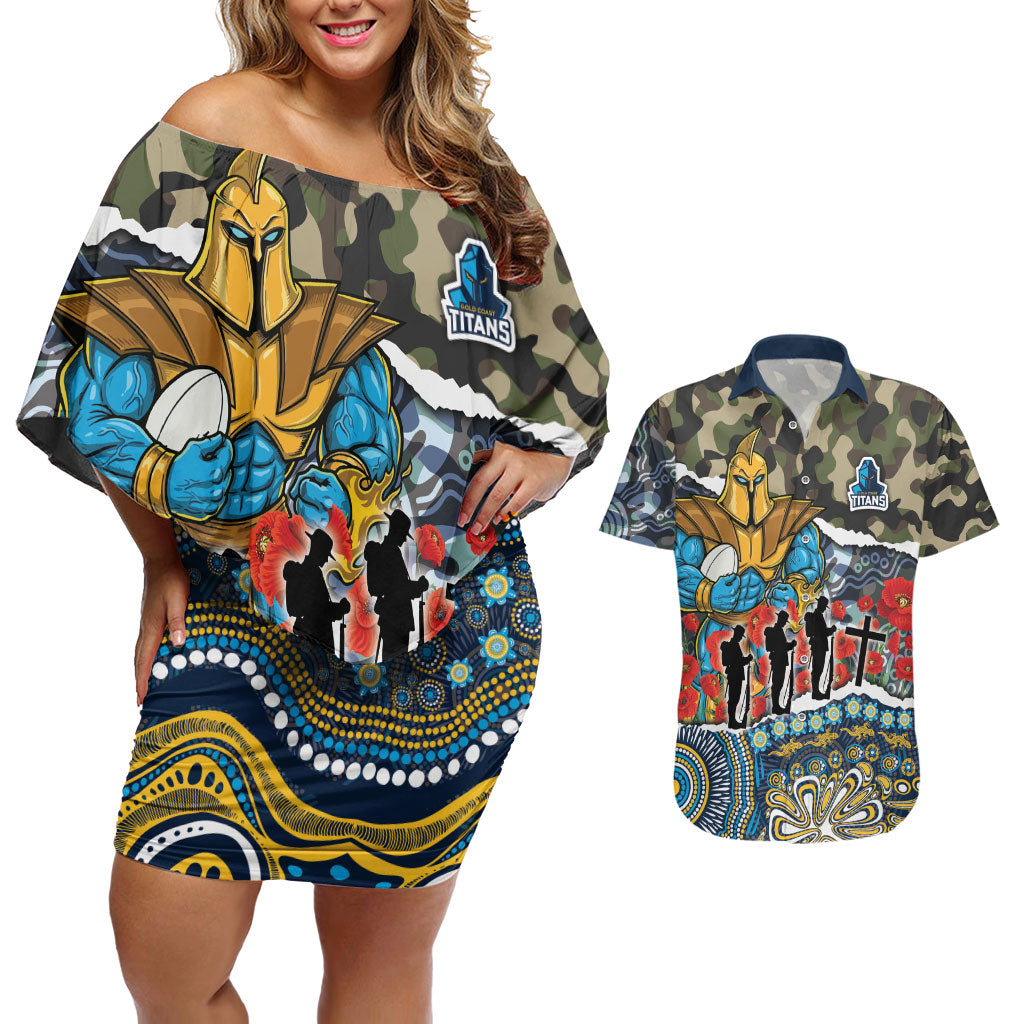 Personalized Gold Coast Titans ANZAC Couples Matching Off Shoulder Short Dress and Hawaiian Shirt Indigenous Camouflage Poppy Memorial Soldier Spartan