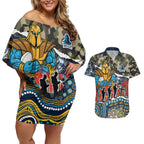 Personalized Gold Coast Titans ANZAC Couples Matching Off Shoulder Short Dress and Hawaiian Shirt Indigenous Camouflage Poppy Memorial Soldier Spartan