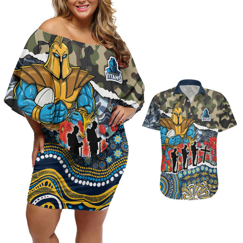 Personalized Gold Coast Titans ANZAC Couples Matching Off Shoulder Short Dress and Hawaiian Shirt Indigenous Camouflage Poppy Memorial Soldier Spartan