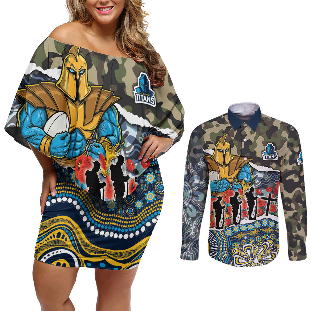 Personalized Gold Coast Titans ANZAC Couples Matching Off Shoulder Short Dress and Long Sleeve Button Shirt Indigenous Camouflage Poppy Memorial Soldier Spartan