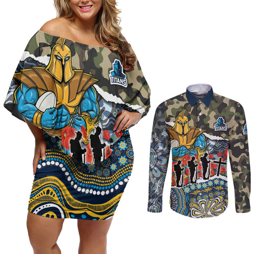 Personalized Gold Coast Titans ANZAC Couples Matching Off Shoulder Short Dress and Long Sleeve Button Shirt Indigenous Camouflage Poppy Memorial Soldier Spartan