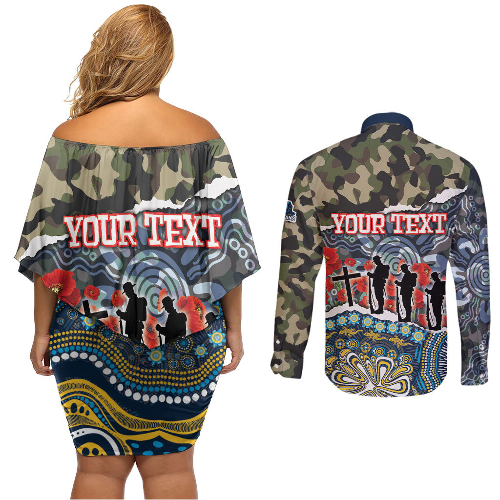 Personalized Gold Coast Titans ANZAC Couples Matching Off Shoulder Short Dress and Long Sleeve Button Shirt Indigenous Camouflage Poppy Memorial Soldier Spartan