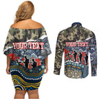 Personalized Gold Coast Titans ANZAC Couples Matching Off Shoulder Short Dress and Long Sleeve Button Shirt Indigenous Camouflage Poppy Memorial Soldier Spartan