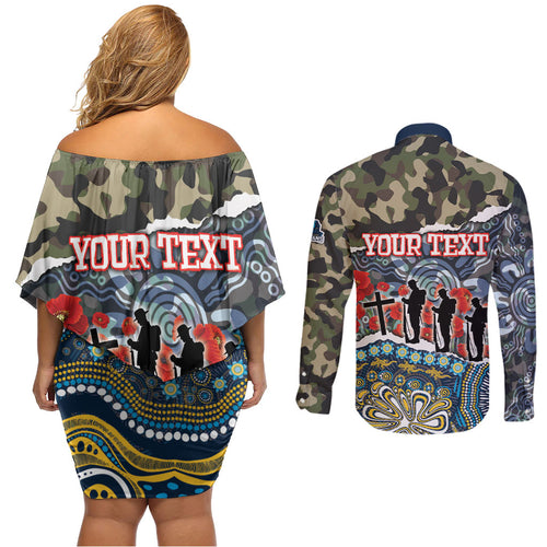 Personalized Gold Coast Titans ANZAC Couples Matching Off Shoulder Short Dress and Long Sleeve Button Shirt Indigenous Camouflage Poppy Memorial Soldier Spartan