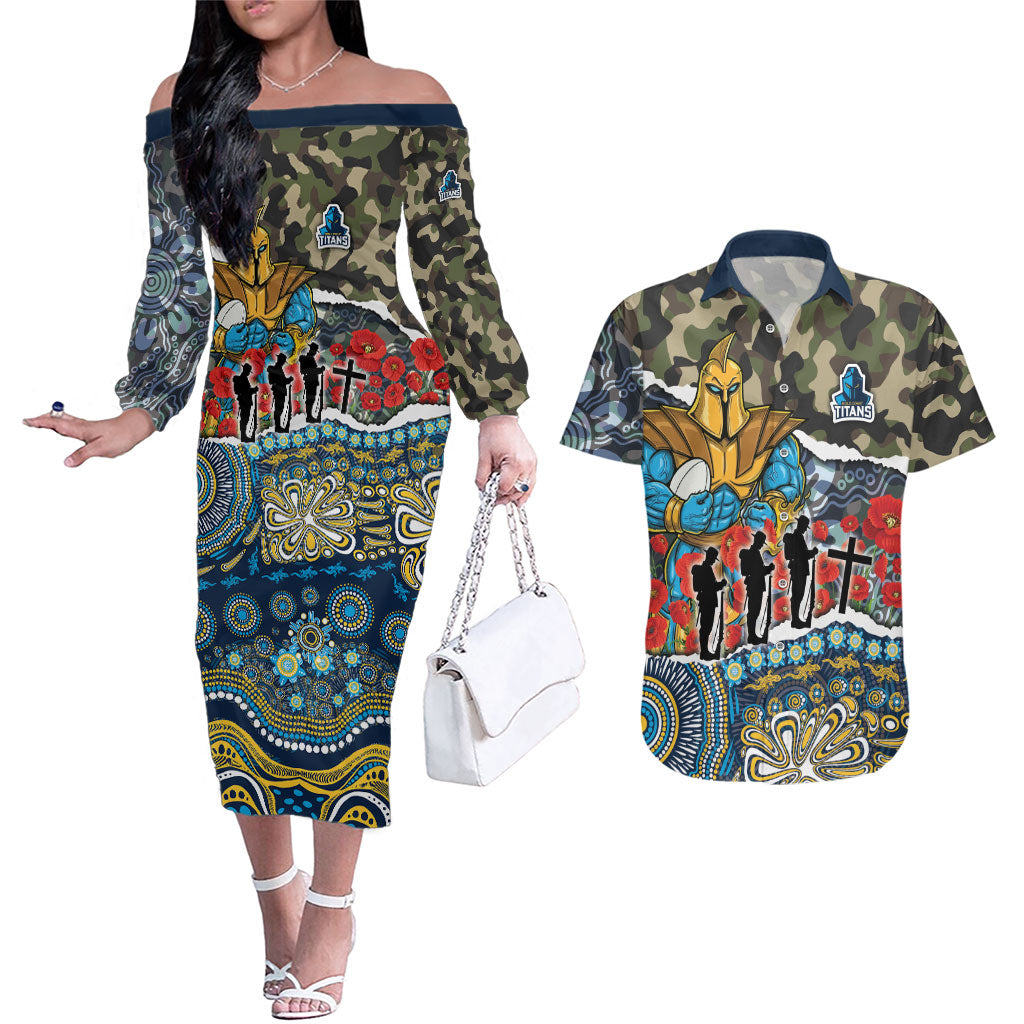 Personalized Gold Coast Titans ANZAC Couples Matching Off The Shoulder Long Sleeve Dress and Hawaiian Shirt Indigenous Camouflage Poppy Memorial Soldier Spartan