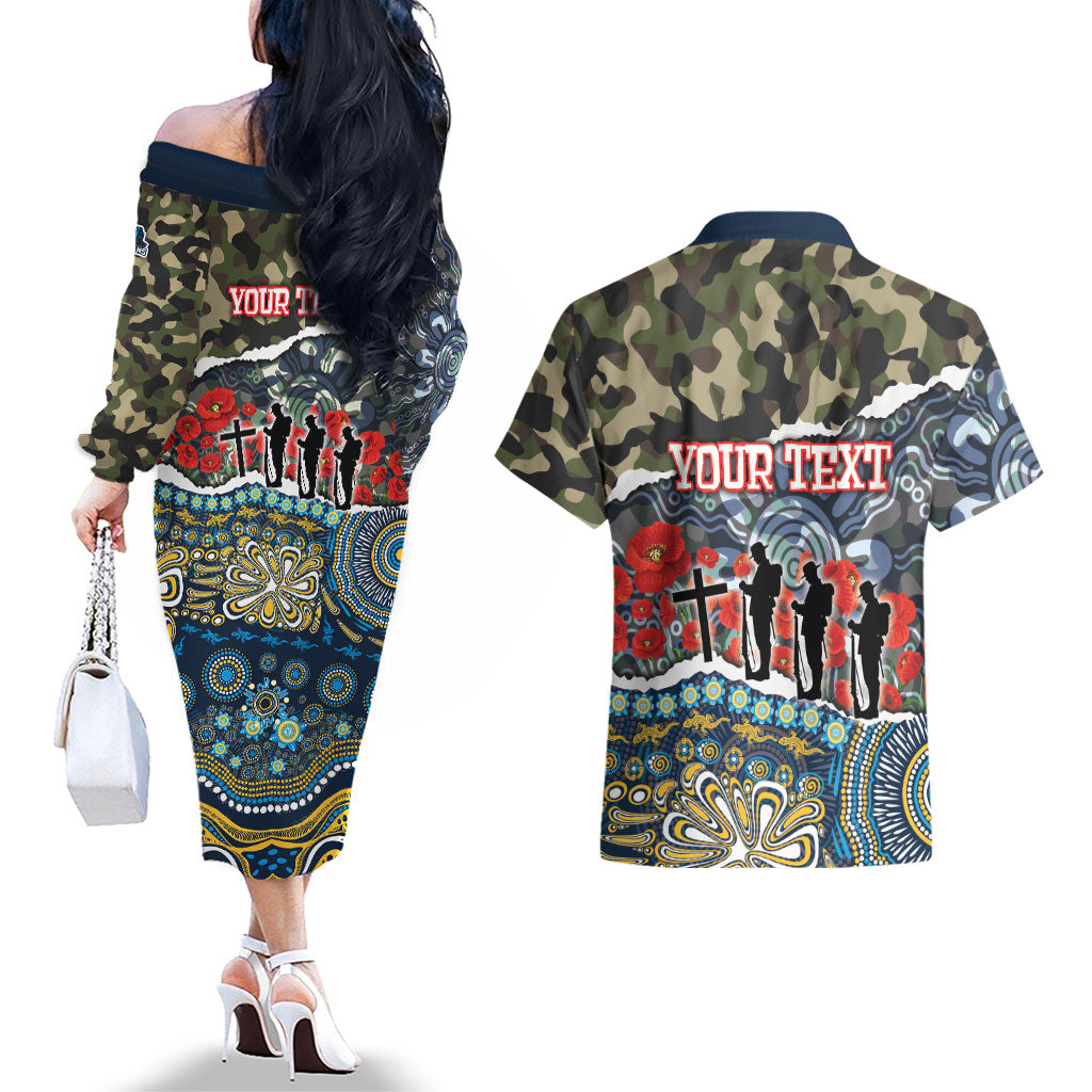 Personalized Gold Coast Titans ANZAC Couples Matching Off The Shoulder Long Sleeve Dress and Hawaiian Shirt Indigenous Camouflage Poppy Memorial Soldier Spartan