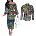 Personalized Gold Coast Titans ANZAC Couples Matching Off The Shoulder Long Sleeve Dress and Long Sleeve Button Shirt Indigenous Camouflage Poppy Memorial Soldier Spartan
