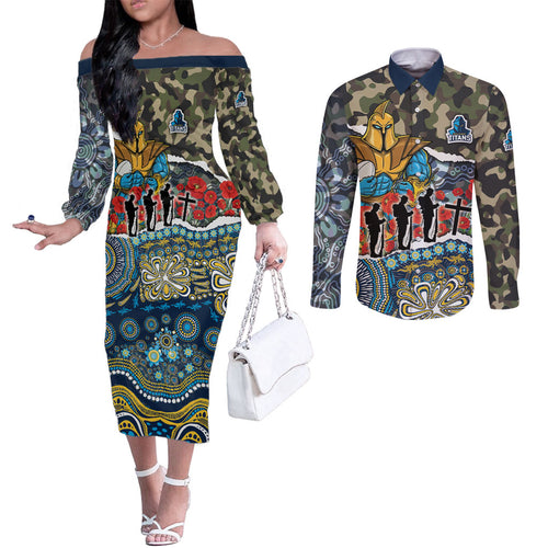 Personalized Gold Coast Titans ANZAC Couples Matching Off The Shoulder Long Sleeve Dress and Long Sleeve Button Shirt Indigenous Camouflage Poppy Memorial Soldier Spartan