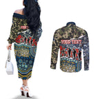 Personalized Gold Coast Titans ANZAC Couples Matching Off The Shoulder Long Sleeve Dress and Long Sleeve Button Shirt Indigenous Camouflage Poppy Memorial Soldier Spartan