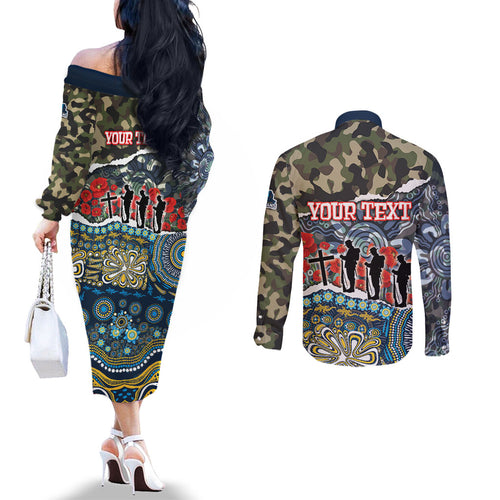 Personalized Gold Coast Titans ANZAC Couples Matching Off The Shoulder Long Sleeve Dress and Long Sleeve Button Shirt Indigenous Camouflage Poppy Memorial Soldier Spartan