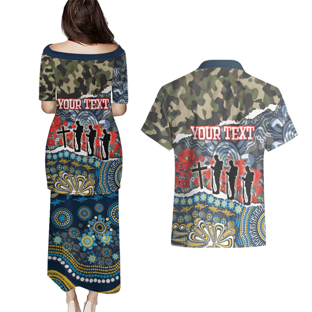 Personalized Gold Coast Titans ANZAC Couples Matching Puletasi and Hawaiian Shirt Indigenous Camouflage Poppy Memorial Soldier Spartan
